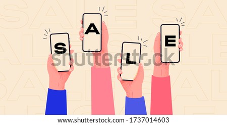 Online shopping with mobile phones. Hands holding smartphones and show SALE. Buy easily things on web shops. Marketing image for big sales.