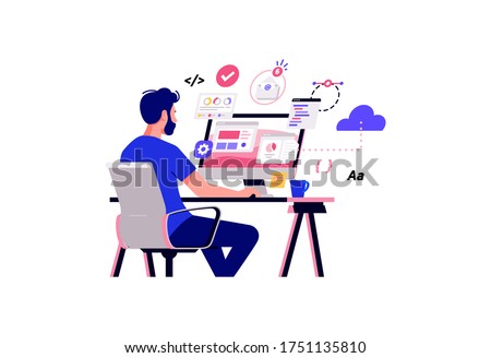 Working at home vector flat style illustration. Online career. Coworking space illustration. Young man freelancers working on laptop or computer at home. Study at home in quarantine