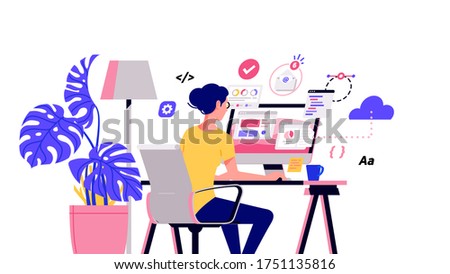 Working at home vector flat style illustration. Online career. Coworking space illustration. Young woman freelancers working on laptop or computer at home. Developer at home in quarantine