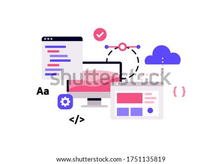 Online study, self development. Website building flat vector illustration. Upload data or photos to the cloud. Sharing information. Minimal editable web icons. Online business products and services.