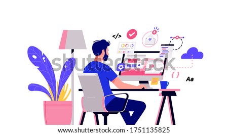 Working at home vector flat style illustration. Online career. Coworking space illustration. Young man freelancers working on laptop or computer at home. Developer at home in quarantine.