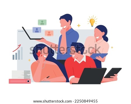 Startup colleagues work together. Business concept minimal illustration. Businessman and Businesswoman taking part in business activities. Teamwork in the office. Modern trendy concepts for web sites