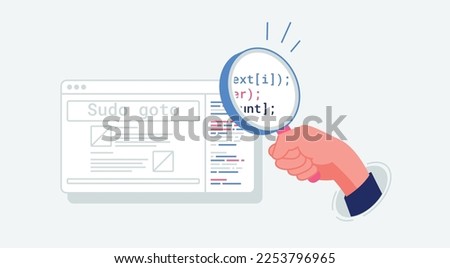 A hand holds a magnifying glass and searches something on website. The software engineer inspected the source code for any errors before submitting the project. Learning development with AI.