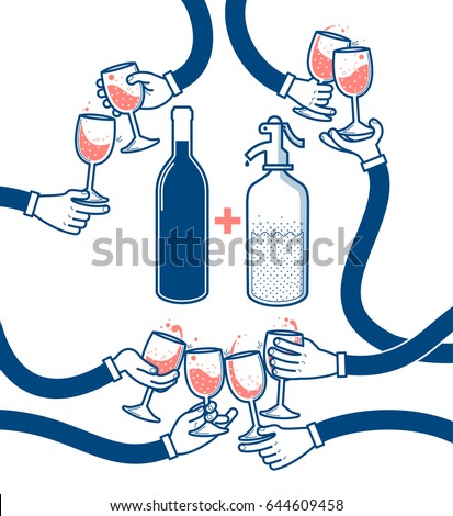 Flat vector illustration of drinking wine and soda, cheers, clinking glasses, party