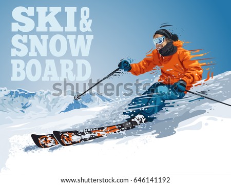 Vector illustration of skiing young pro guy in the mountains, and snowboarding