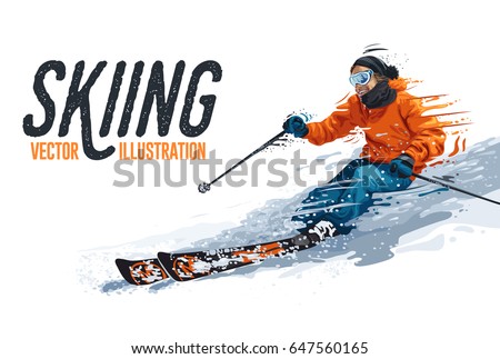 Young man riding on skis on white background, winter. Vector illustration in realistic style. Skiing man in orange jacket. Extreme winter sport.