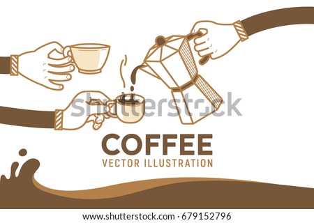 Drinking coffee with friends vector illustration. Coffee break and human hands with a cup os hot coffee. Flat retro style on white background