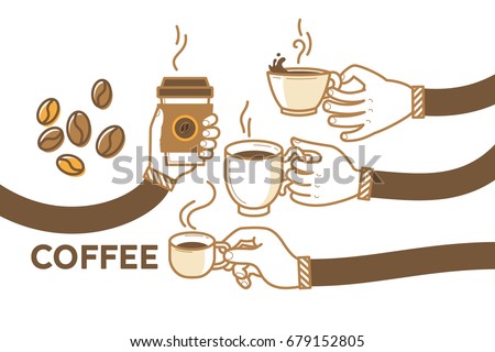 Drink coffee with friends vector illustration. Brew, cappuccino, espresso, beans. Have a break and human hands with a cup os hot coffee. Flat retro style. Enjoy your free time. Good morning.