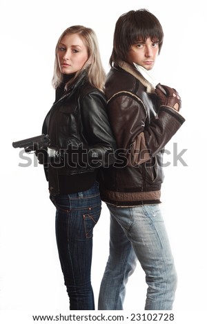Stylish gangsters with a gun and knife