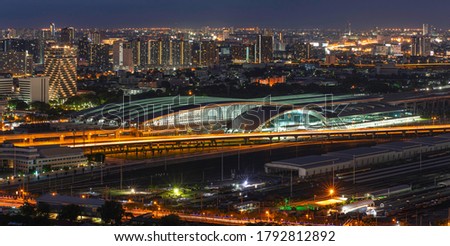 Aerial view of Bang Sue Grand Station and office buildings at twilight. New central station of Bangkok Thailand Stock foto © 