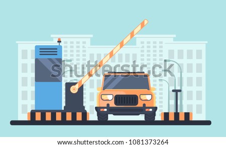 Entry through the barrier which is raised to pass the car. Toll gate with reception booth. Checkpoint to residential area. Vector flat illustration. City on background.