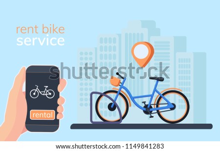 Bicycle sharing system with use smartphone for rent and paid. Smart service for rent bicycles in the city. Mobile app for sharing system.
