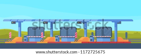 Checkpoint on the toll road. Payment of tolls on the toll road. . Bus and lorry truck on roadway. Checkpoint with a rising and lowering barrier. Vector illustration.