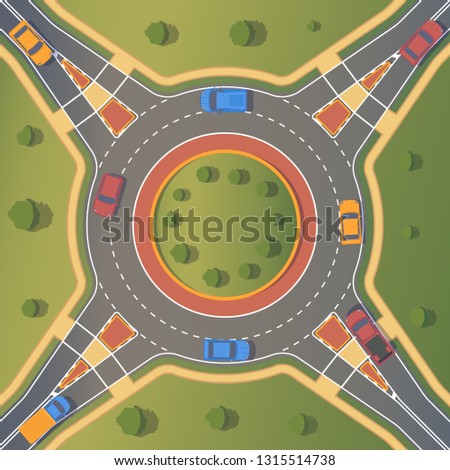 Roundabout road with pedestrian paths, curbs and boards, road markings, grass, bushes and trees.. Crossing of highways by type of ring intersection. Vector background