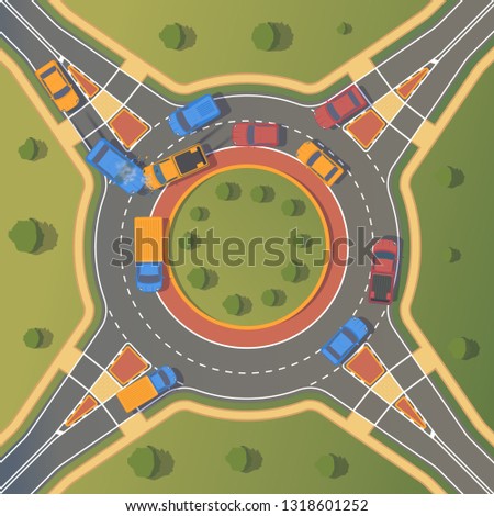 Road accident on roundabout crossroad between two cars with crumpled wings and bumpers, broken windows and braking. And smoking cars. Vector top view flat illustration.