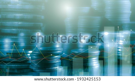 Financial investment concept, Double exposure of stack of coins and city for finance investor, Forex trading market candlestick chart, Cryptocurrency Digital economy. investing growing.economy trends 