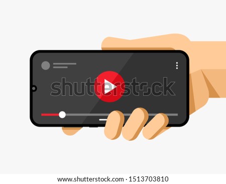 Smartphone mockup in human hand. Video player application. Play, pause, slider button. EPS10 Vector