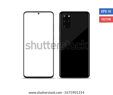 Realistic vector flat mock-up Samsung Galaxy S20 Plus with blank screen isolated on white background. Scale image any resolution