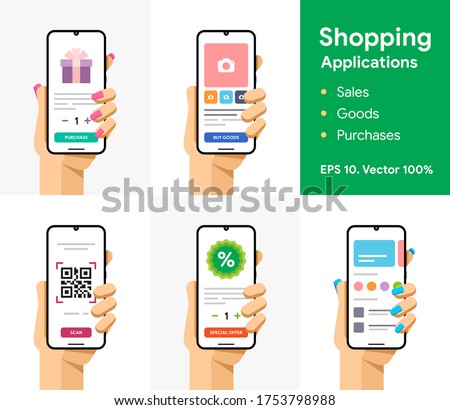 Online mobile shop, sale, goods, purchase, discount, qr code scanning. Shopping via smartphone. Phone in user hand. Commerce application. EPS 10