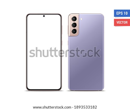 Realistic vector flat mock-up Samsung Galaxy S21 Plus with blank screen isolated on white background. Scale image any resolution