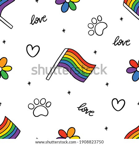 Never ending cute seamless pattern with lgbt rainbow, hearts, text, paw, flower and flag. Gay pride. Pride Month. Love, freedom, support, lgbtq+ 