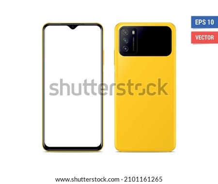 Realistic vector flat mock-up POCO M3 with blank screen isolated on white background. Scale image any resolution