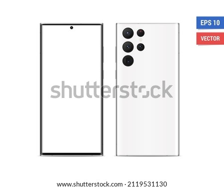 Realistic vector flat mock-up Samsung Galaxy S22 Ultra with blank screen isolated on white background. Scale image any resolution