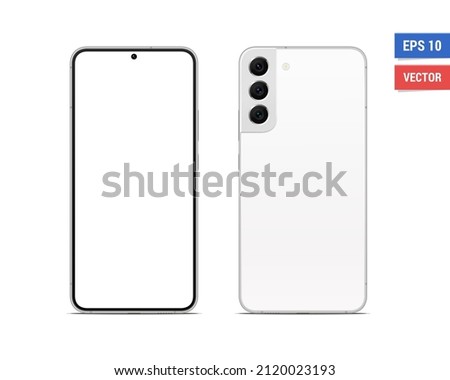 Realistic vector flat mock-up Samsung Galaxy S22 Plus with blank screen isolated on white background. Scale image any resolution 