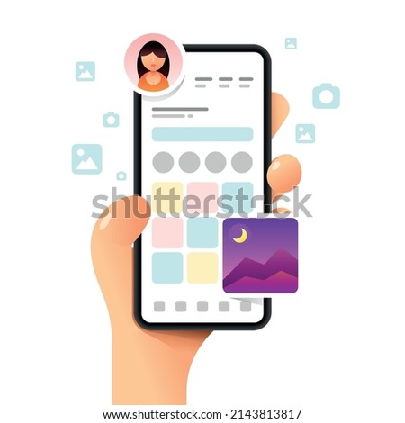 Smartphone mockup in human hand. App dashboard. Profile main screen. Vector colorful social media illustration. Instagram, Whatsapp, Skype