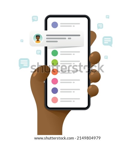 Smartphone mockup in human hand. Chat communications. Messaging. Vector colorful social media illustration. Instagram, Whatsapp, Skype