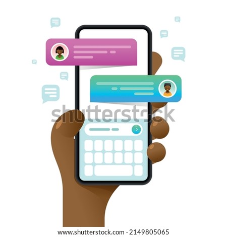 Smartphone mockup in human hand. Text messages. Messaging. Vector colorful social media illustration. Instagram, Whatsapp, Skype