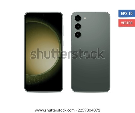 Realistic vector flat mock-up Samsung Galaxy S23 Plus with blank screen isolated on white background. Scale image any resolution
