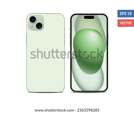 Realistic vector flat mock-up Apple iPhone 15 Plus with blank screen isolated on white background. Scale image any resolution
