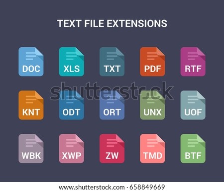 Text file extensions. Flat colored vector icons
