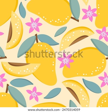 Seamless pattern with fresh mangoes, leaves and flowers. Vector illustration