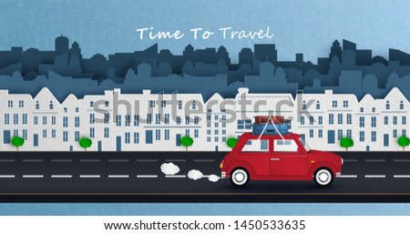 red car is driving in the capital.and travel away from the city. and through the town to go on vacation during the holidays. and a design Origami or paper art. and illustration or background.
