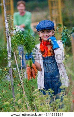 Gardening, harvest, cultivation -  girl with bunch of carrots in vegetable garden