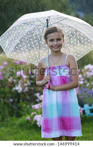 Summer rain - pretty girl with an umbrella in the rain