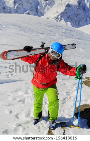 Ski, Skier, Freeride  - Man with skis climbs to the top