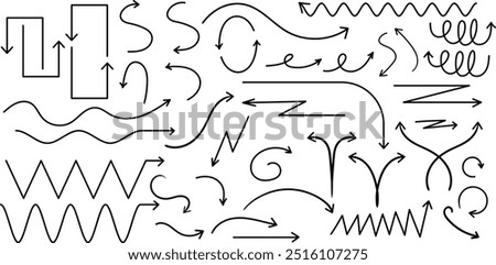 Collection of arrows with curves, zigzags, circles, hand drown in black as a vector illustration