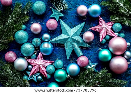 christmas tree decorations with balls and stars toys on blue background top view pattern - Christmas Tree Toy Decorations christmas tree decorations with balls and stars toys on blue background top view pattern - Christmas Tree Toy Decorations