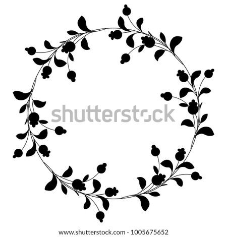 Isolated vector illustration. Round floral frame. Black silhouette on white background.