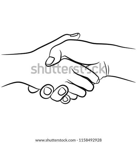 Isolated vector illustration. Two human hands in handshake. Hand drawn linear sketch. Black silhouette on white background.