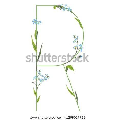 Isolated vector illustration. Floral alphabet with forget-me-not blossom. Capital letter R. Stok fotoğraf © 