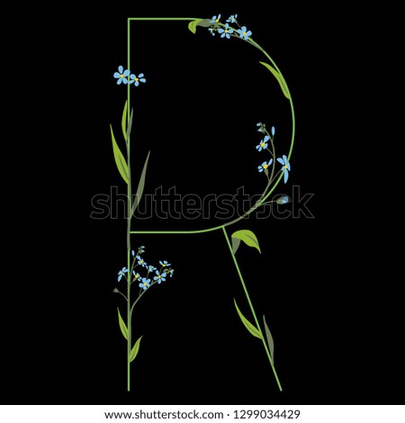 Isolated vector illustration. Floral alphabet with forget-me-not blossom. Capital letter R. On black background. Stok fotoğraf © 
