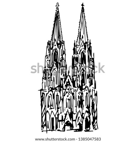 Isolated vector illustration. Facade of a Cologne Cathedral (Kölner Dom). Hand drawn linear ink sketch. Black silhouette on white background.