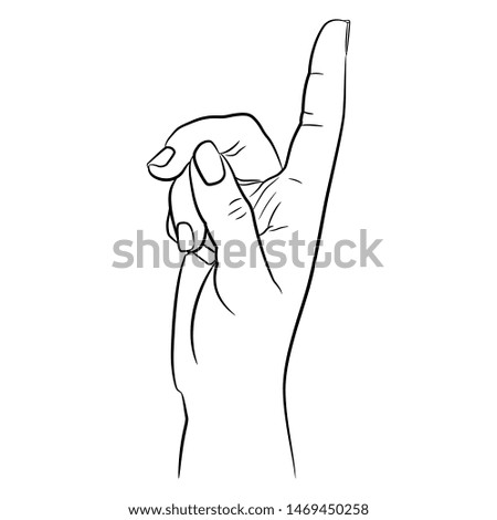 Isolated vector illustration. Pointing up female hand. Linear sketch. Black and white silhouette. Human gesture. Cartoon style.