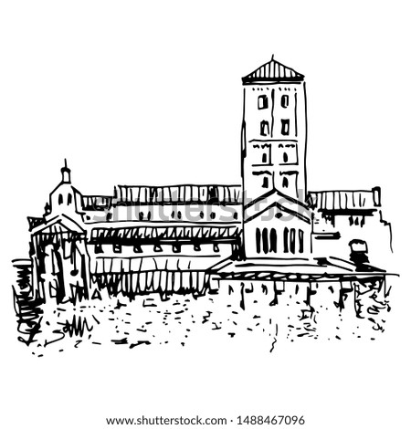 Isolated vector illustration. View of the Cuxa Cloister. Cloisters museum in Fort Tryon Park. Washington Heights, Manhattan, New York City. Hand drawn sketch. Black and white linear silhouette.