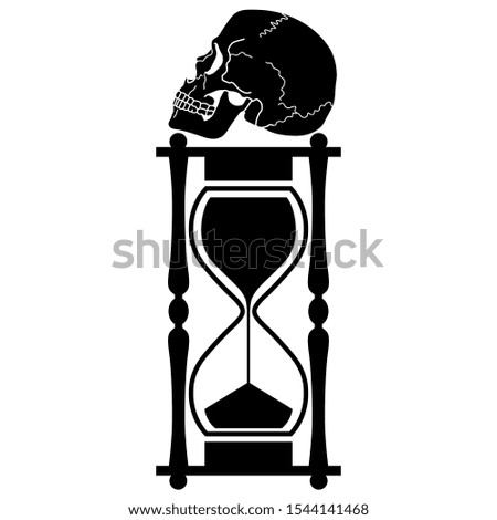 Isolated vector illustration. Hourglass with human skull on top. Memento mori concept. Metaphor for brevity of human life (Vita brevis). Black and white silhouette.