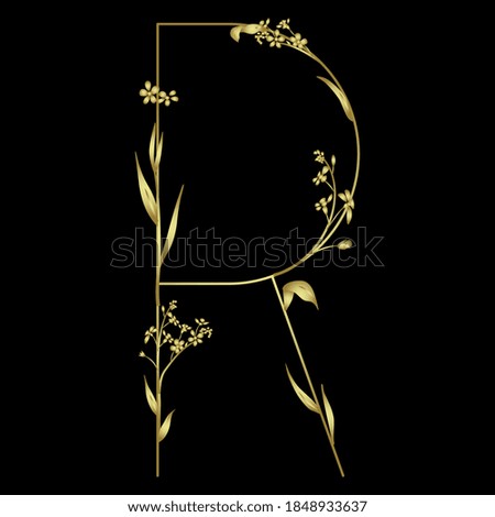 Golden capital letter R with floral motifs. Beautiful alphabet font with forget-me-not flowers.	 Stok fotoğraf © 